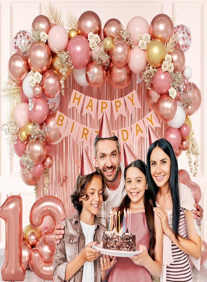 زينة عيد الميلاد الثالث عشر مع لافتة "عيد ميلاد سعيد الثالث عشر"، ستارة شراشيب، لؤلؤ معدني، قصاصات ورق ذهبية وردية، بالونات وردية فاتحة وبيضاء، زينة عيد الميلاد الثالث عشر باللون الذهبي الوردي. - Image 5